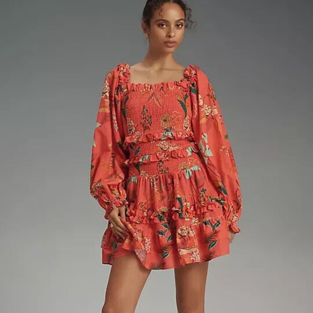 Farm Rio x Anthropologie Smocked Ruffle Mini Dress floral Size XS NWT